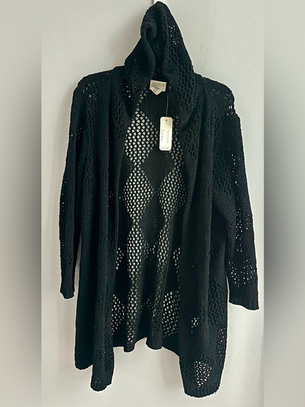 NWT, ARTELIER by NICOLE MILLER black diamond crochet hooded cardigan, Size 1X